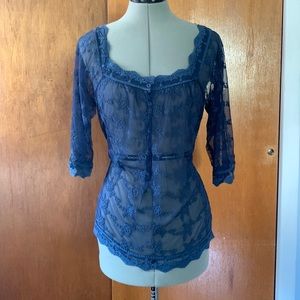 Ultra Pink cornflower blue sheer lace blouse tie back L